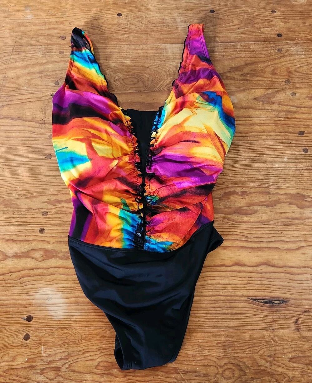 Vtg Y2K Swimsuit Ruched 14 One Piece Rainbow Tummy Control Slimming Colorful